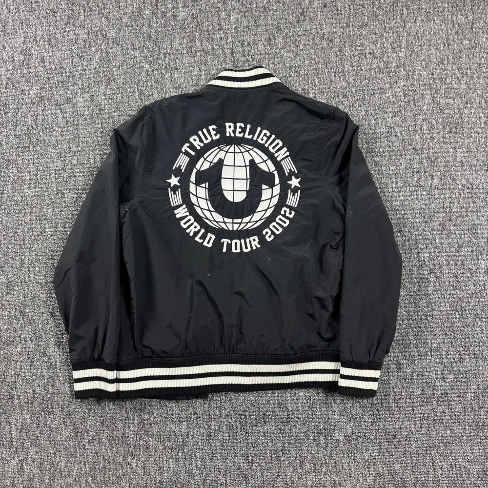Vintage Y2K True Religion World Tour Bomber Jacket Black White Size Small
